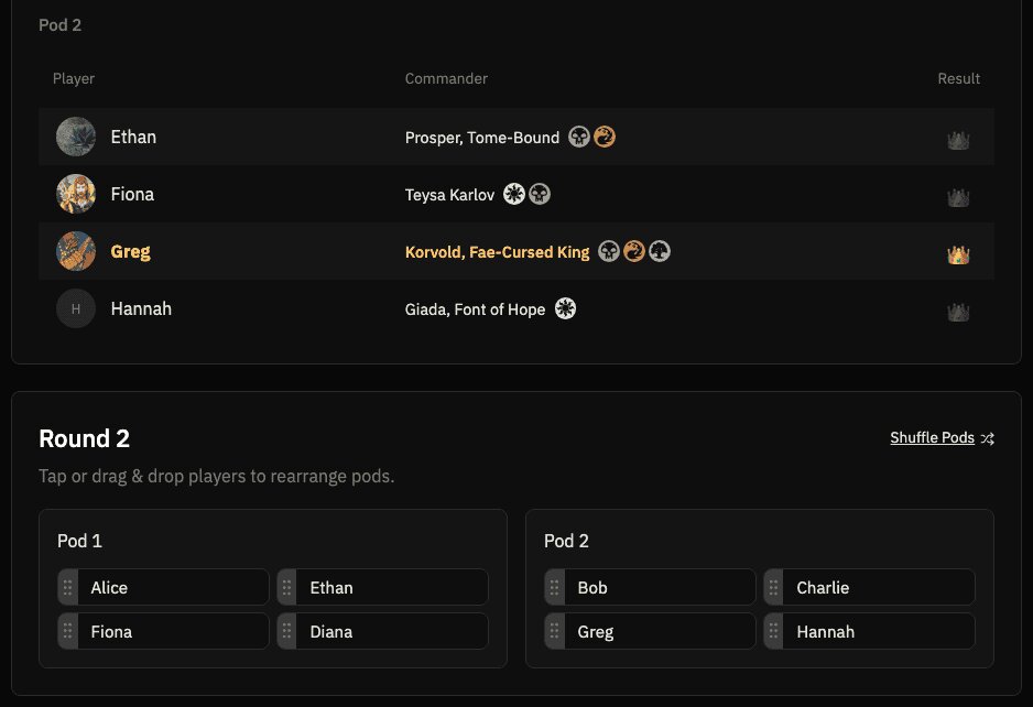 A commander event mid-tournament — Round 1 pod results above Round 2's drag-and-drop pod assignments, with the pods shuffling on a loop.